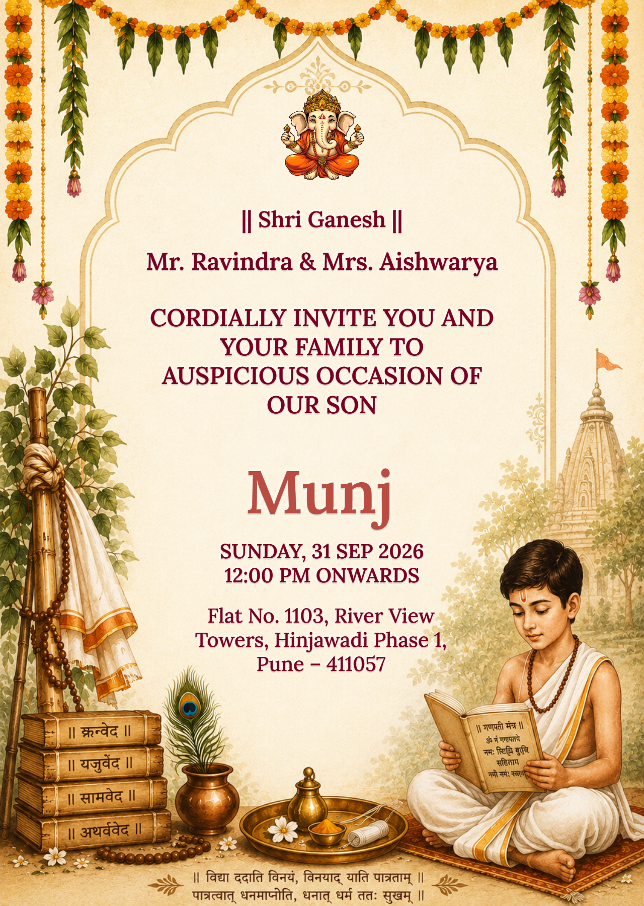 Sacred Thread (Munj) invitation card